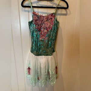REVOLUTION Size Small Adult Green & White Pink Sequinned Flowers Dance D…